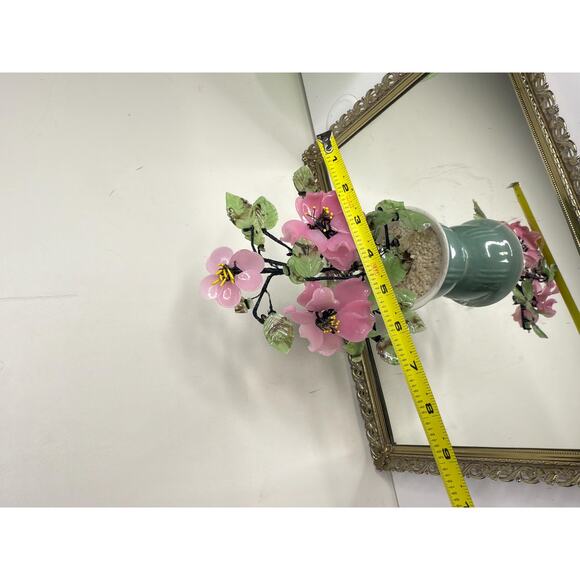 Beautiful Vintage Jade Glass Bonsai Tree Pink Flower Rose, Green Celadon Pot - Picture 7 of 10